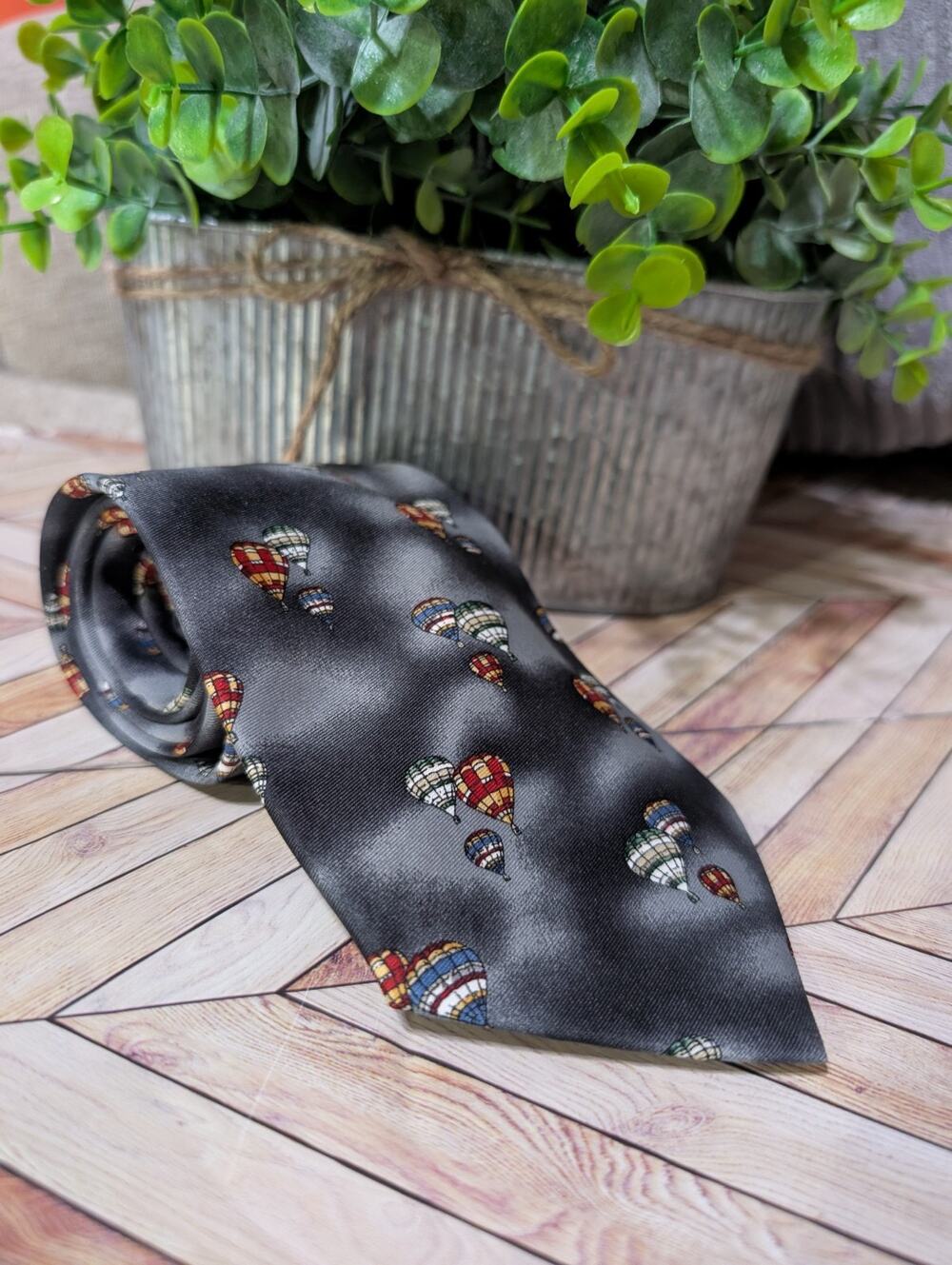 Pelini Roma Hot Air Balloon Novelty Gray and Black Handmade Necktie Polyester